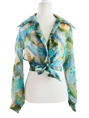 Vintage Lady Arrow Sheer Nylon Blouse Womens 12 Blue Green Watercolor Top